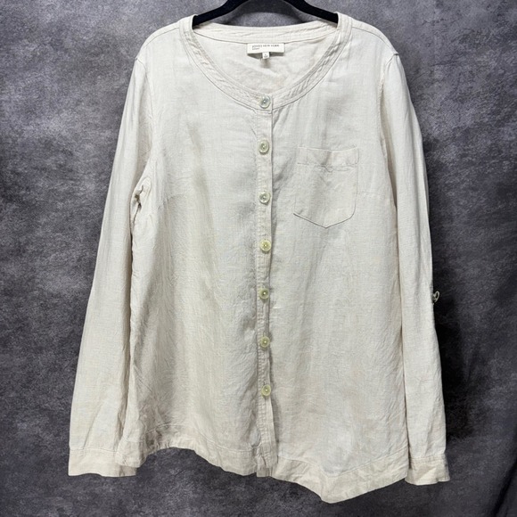 Jones New York Tops - Jones New York 100% Linen Button Up Shirt Womens L Beige Asymmetric Lagenlook